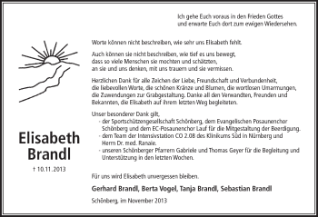 Traueranzeige von Elisabeth Brandl von Pegnitz-Zeitung